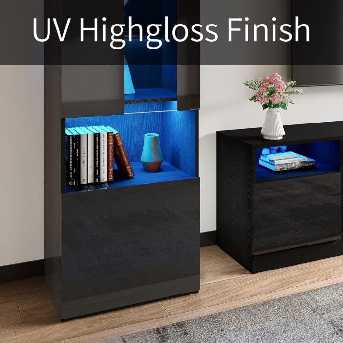 AMERLIFE Modern Highgloss Fireplace Entertainment Center Set, Includes 80" Fireplace TV Stand & 2 LED Highgloss Bookcases, Modern Storage Cabinets for TVs up to 90", Black - Image 2