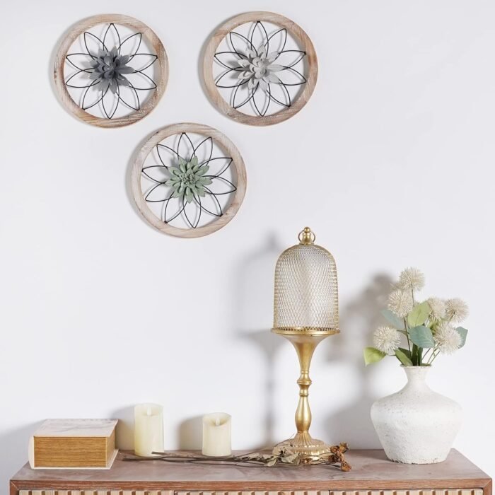 Paquesta 3 Piece Round Farmhouse Wall Decor with 6 Piece Interchangeable Flowers 12'' Medallion Wood & Metal Rustic Wall Art for Living Room Bedroom Kitchen Bathroom Dining Room Home Decorations - Image 4