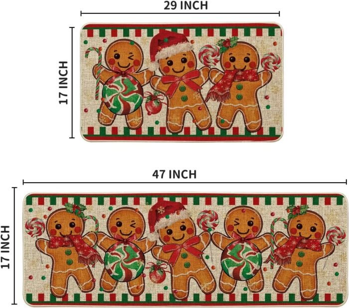Artoid Mode Gingerbread Candy Cane Christmas Kitchen Mats Set of 2, Winter Home Decor Low-Profile Kitchen Rugs for Floor - 17x29 and 17x47 Inch - Image 6