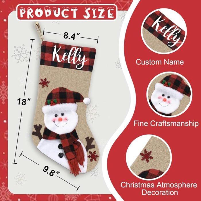 Dreamdecor Christmas Stockings Personalized with Name, 18" Christmas Stocking Deer Gnome Santa Snowman Burlap Plaid Xmas Stocking Holiday Christmas Decoration Gifts for Family Kids - Image 5