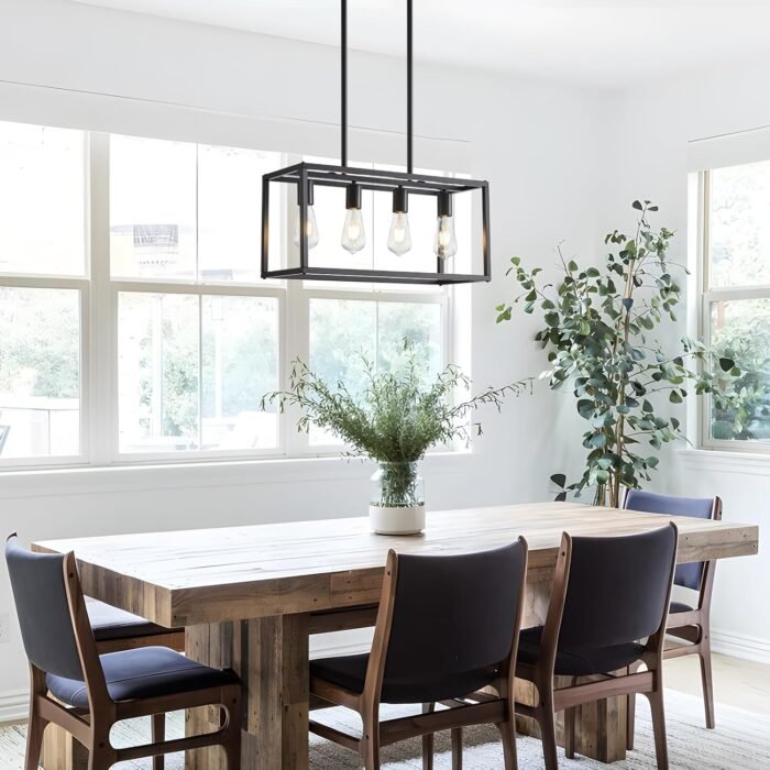 Dining Room Light Fixture 4 Light Black Farmhouse Chandelier Modern Kitchen Island Pendant Lighting Rectangular Hanging Lights for Kitchen Dining Room Adjustable Height Metal E26 Base - Image 6