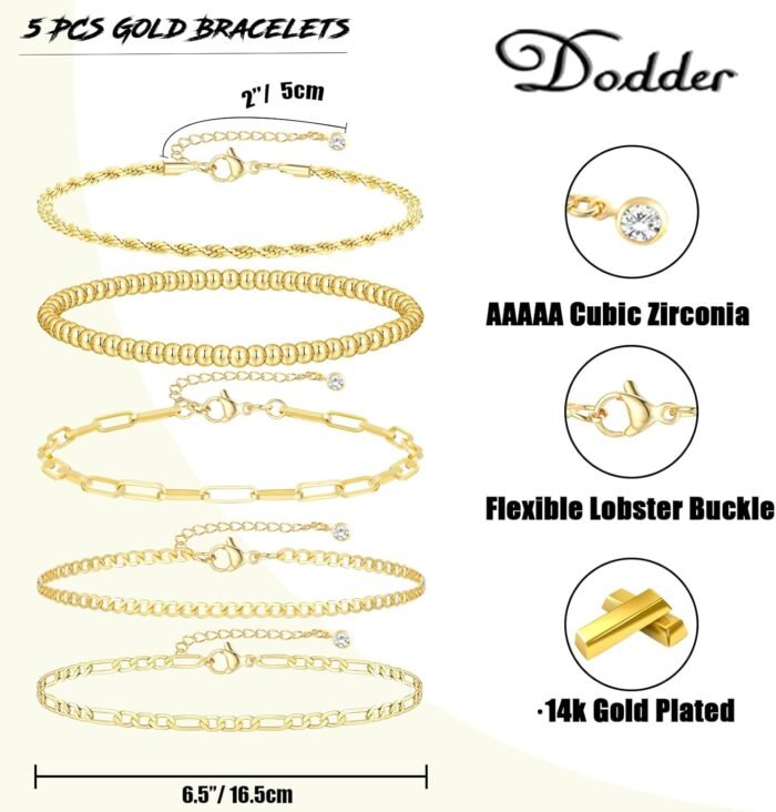 Gold Bracelets for Women, Dainty 14K Gold Plated Stackable Link, Trendy Adjustable Cuban Beaded Gold Chain Bracelet Stack Set - Image 5