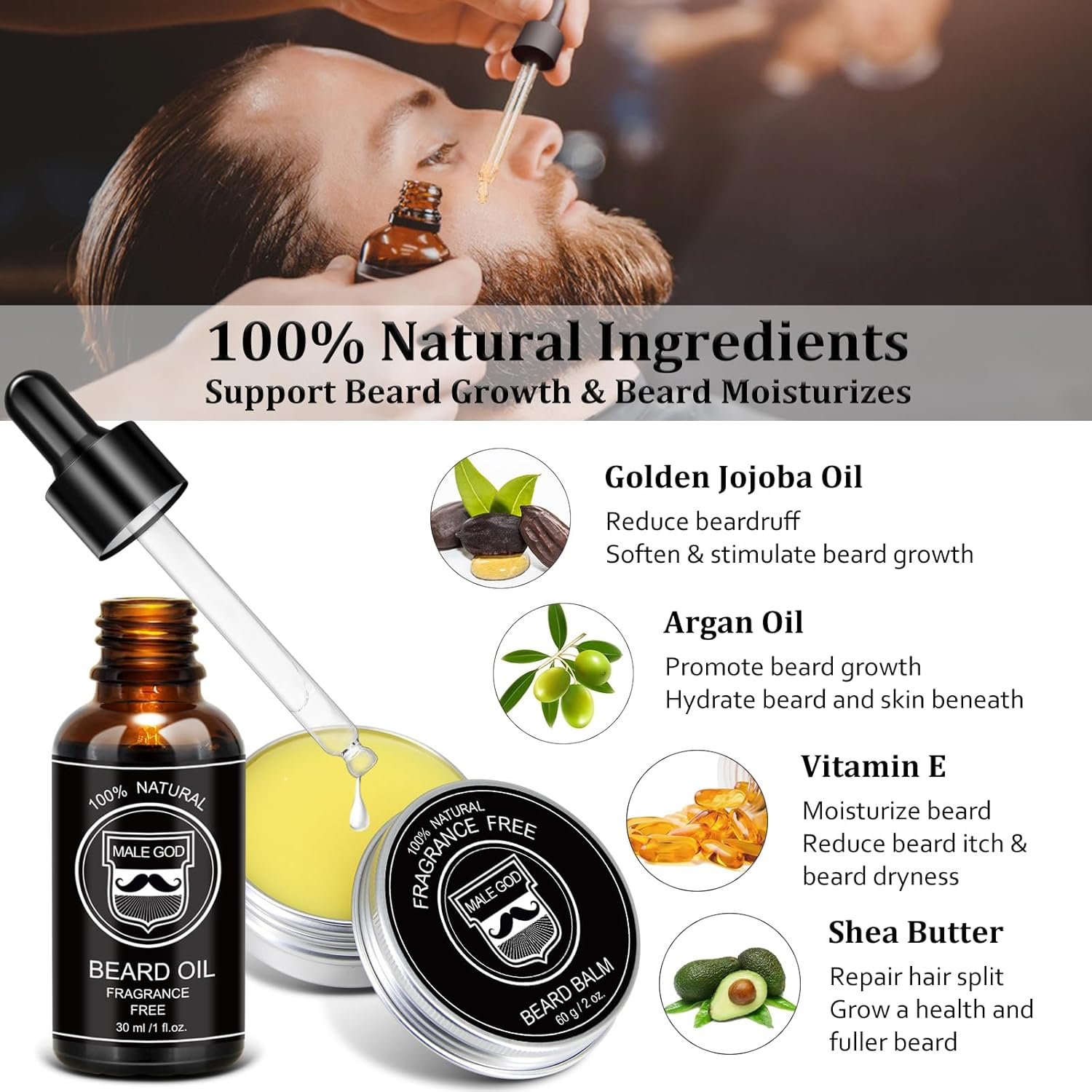 MALE GOD Gifts for Men, Beard Kit with Beard Oil, Balm, Comb, Brush, Scissors, Beauty Gift Sets for Him, Birthday & Christmas, Stocking Stuffers for Adults Men, Boyfriend, Husband, Son, Friend, Dad - Image 3