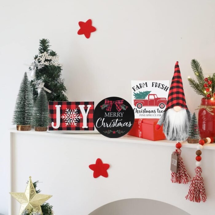 Christmas Tiered Tray Décor Set of 7, Merry Christmas Farm Fresh Truck, Joy Wood Sign Buffalo Plaid Gnome Plush and Christmas Trees, Farmhouse Table Home Party Shelf Fireplace Mantel Decor - Image 6