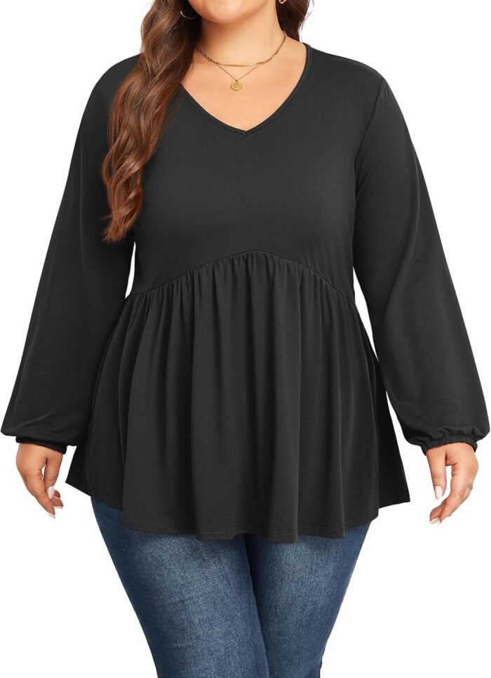 SHIJIALI Women Plus Size Tunic Long Sleeve Loose Fit Pleated Casual V Neck Babydoll Flowy Shirts - Image 5