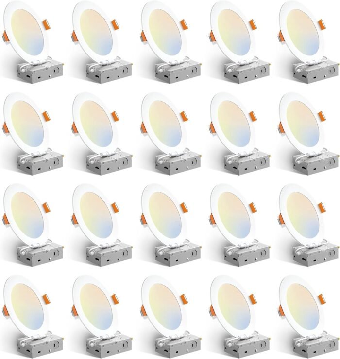 Amico 20 Pack 6 Inch 5CCT Ultra-Thin LED Recessed Ceiling Light with Junction Box, 2700K/3000K/3500K/4000K/5000K Selectable, 12W Eqv 110W, Dimmable Can-Killer Downlight, 1050LM Wafer Lighting - ETL