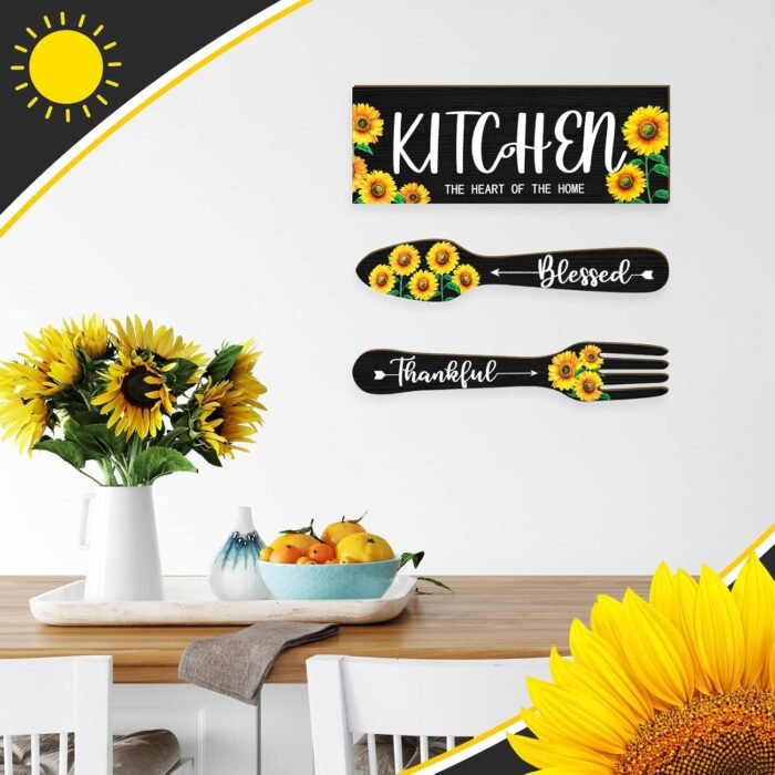 Yerliker 3 Pieces Sunflower Kitchen Decor Hello Summer Blessed Thankful Wooden Hanging Eat Signs Fork and Spoon Summer Farmhouse Wall Art Decor for Kitchen Home (Black, 13.78 x 5.12 Inch) - Image 6