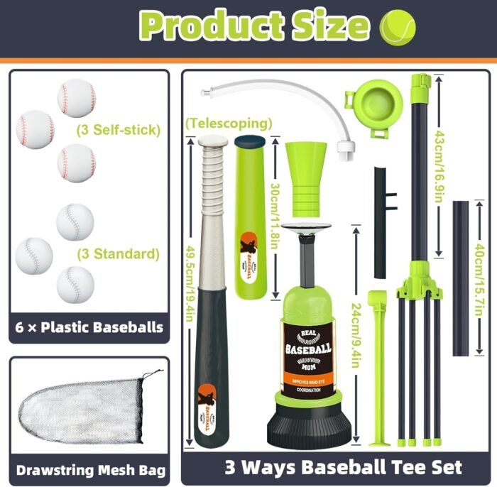 3-in-1 T Ball Set for Kids, Adjustable Height Hanging Baseball Batting Tee Set with 2 Bats, Teeball Hitting Stand, Ball Launcher for Toddlers, Sport Toys Outdoor/Indoor for Boys Girls - Image 6