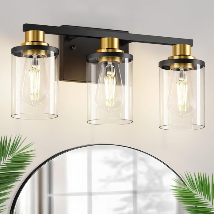 L LOHAS LED 3-Light Black and Gold Bathroom Light Fixtures,Modern Bathroom Lighting Fixtures Over Mirror with Clear Glass Shade, Bathroom Vanity Lights for Bathroom, ETL Listed