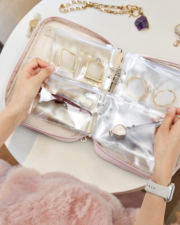 BAGSMART Jewelry Travel Case, Ring Binder Storage Book with Clear Pockets, Zippered Organizer for Necklace, Earrings, Rings, Bracelet, Beige - Image 5