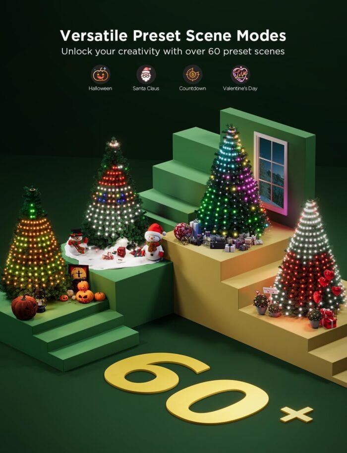Govee Christmas Tree Lights, Smart RGBIC 480 LEDs Christmas Lights Outdoor, 6.6ft × 24 String Lights for Holiday Decor, IP65 Waterproof, Music Sync, Voice Control, 60+ Scene Modes, Green Wire - Image 6