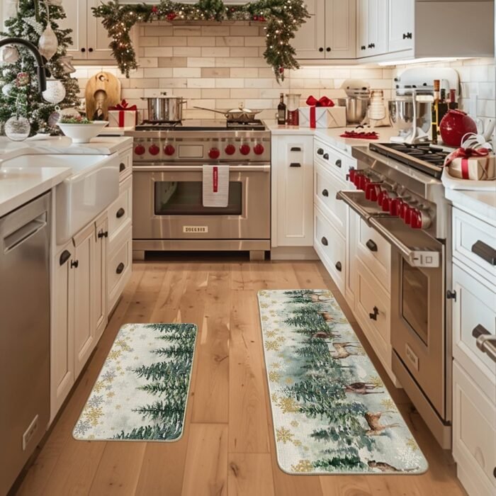 Artoid Mode Xmas Trees Deer Snowflakes Christmas Kitchen Mats Set of 2, Winter Home Decor Low-Profile Kitchen Rugs for Floor - 17x29 and 17x47 Inch - Image 2