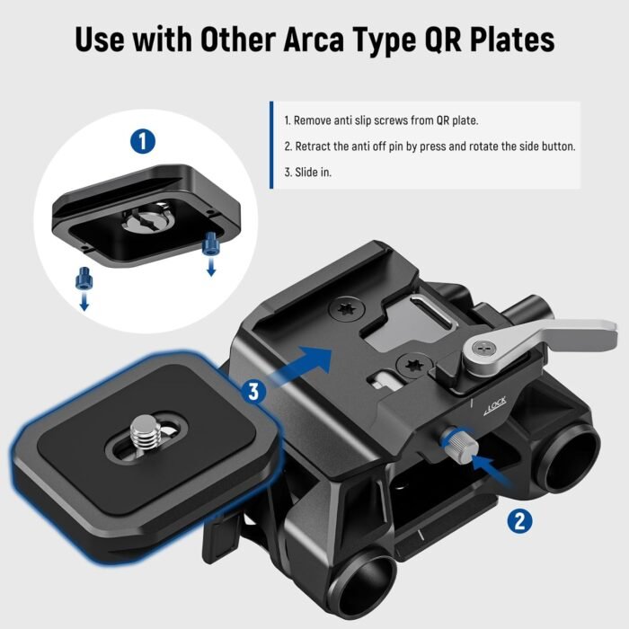 NEEWER 15mm LWS Baseplate with Arca Type QR Plate & Base, 15mm Rod Clamps, Retractable Anti Off Pin Compatible with DJI Compatible with SmallRig Shoulder Rig, SR015 - Image 6