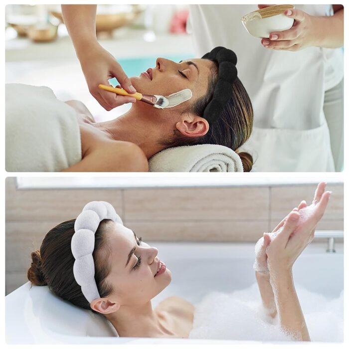 Spa Headbands, Set of 2 - Terry Cloth Headband for Washing Face or Facial, Puffy Makeup Headbands for Face Washing, Mask, Skin Treatment - 1 White & 1 Black - Image 2