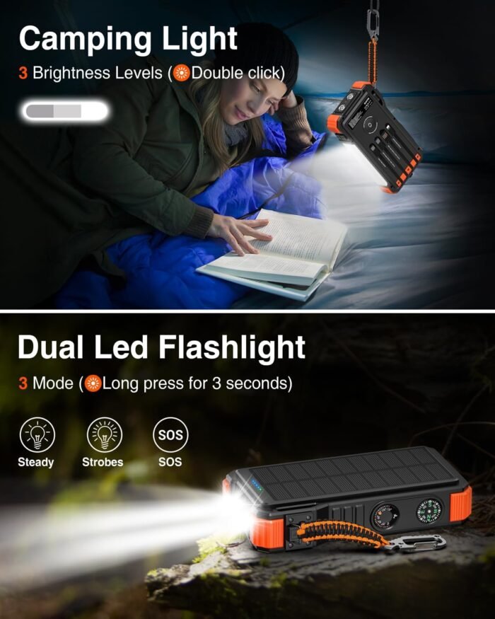 BLAVOR Solar Charger Power Bank 20000mAh Built in 4 Cables, 20W Fast Charging External Battery Pack with USB C, Camping Light, Flashlight, Carabiner for Cell Phones, Portable Charger for Apple Watch - Image 6
