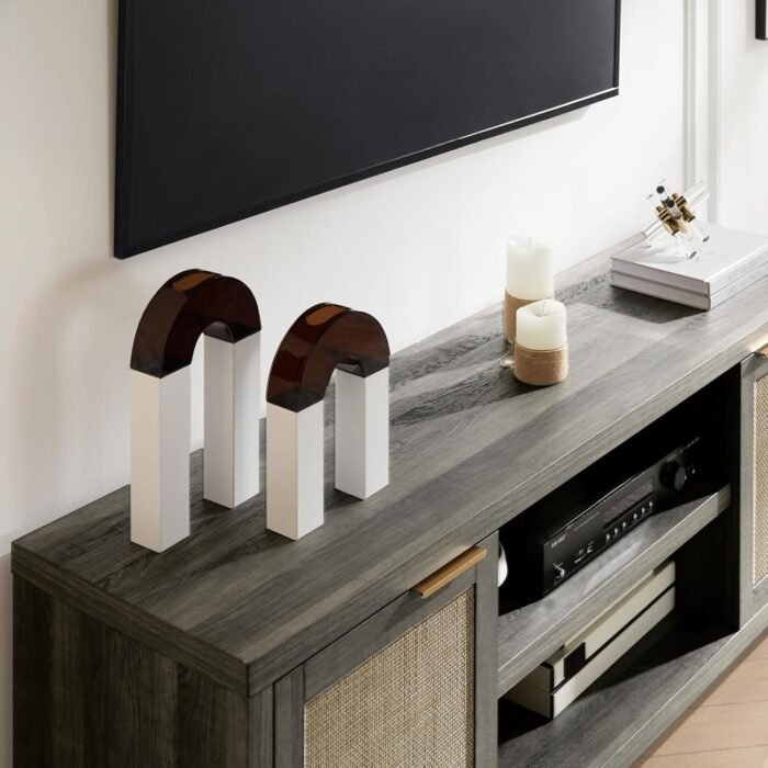 Hampstead TV Stand for Living Room, Modern Entertainment Center for 65 inch TV, 2 Rattan Doors Cabinet Media Console, TV Console Table with Soft Hinge Door and Handle (Midnight Oak) - Image 7
