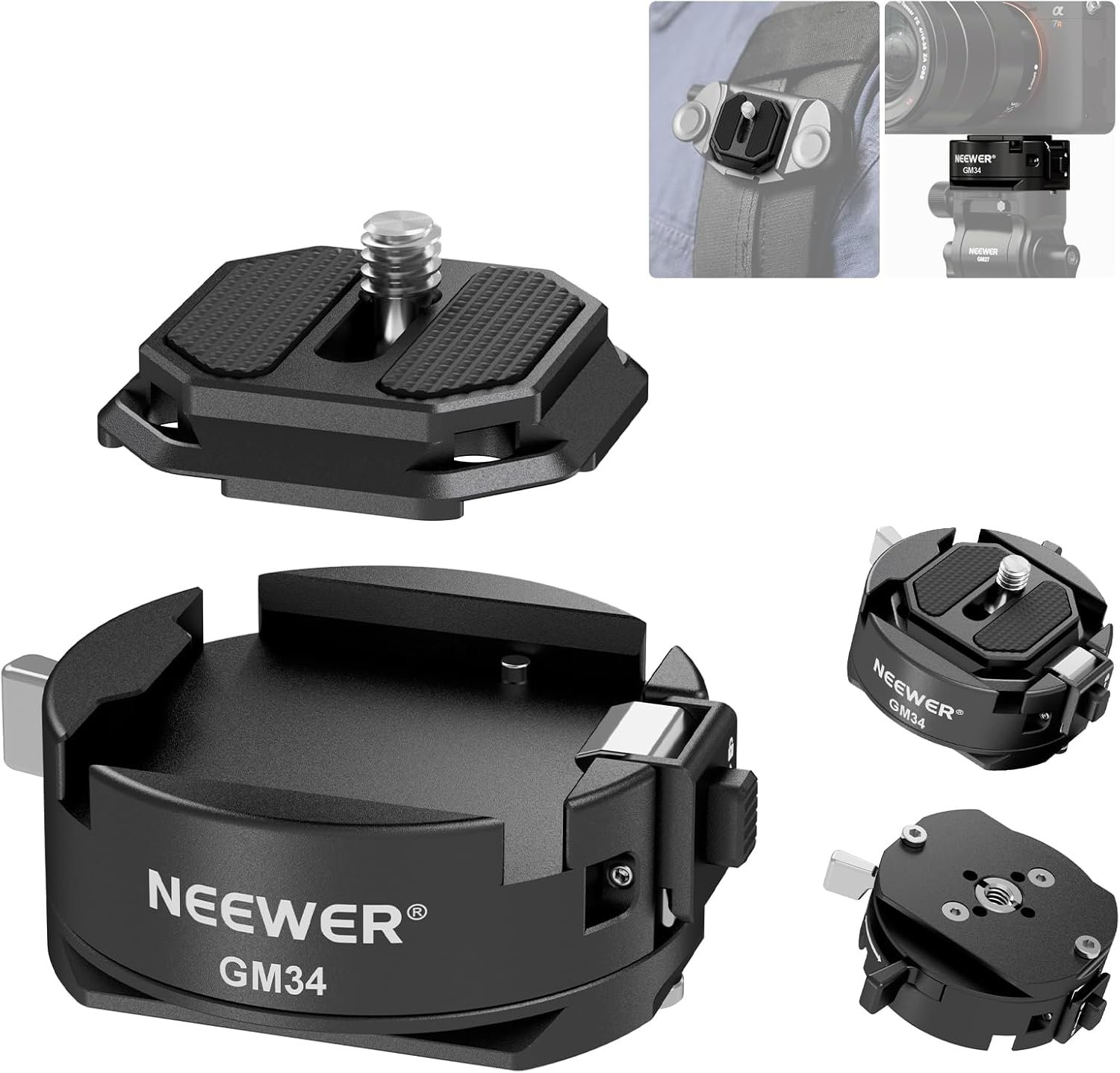 Neewer GM34 Camera Quick Release Plate Kit, Quick Switch Auto Lock Square QR Mount Plate with Arca Type Clamp Base, Compatible with Arca Swiss Peak Design Capture V3 Camera Clip, Max Load 11lb/5kg