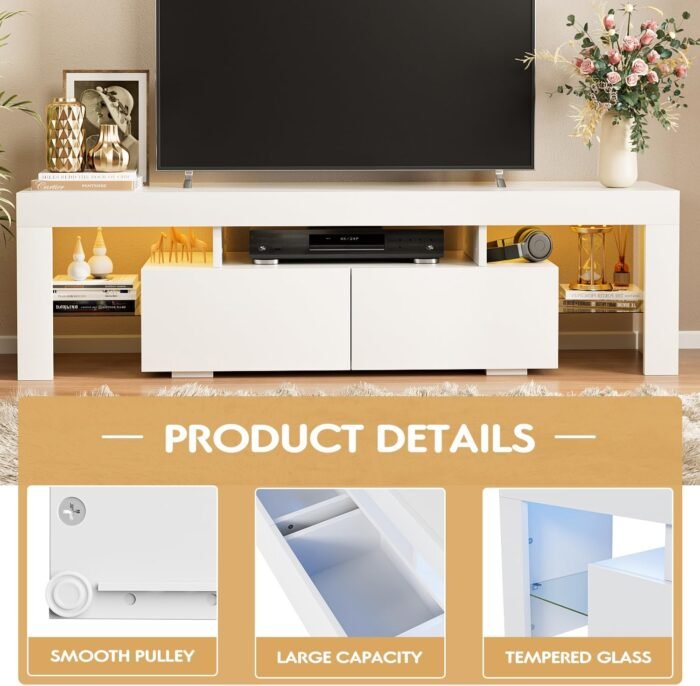 JUMMICO TV Stand, Modern Lighting TV Cabinet Entertainment Center Media and Open Shelf, TV Console Table with 1 Drawer and Remote Control, 20 Color LED Lights up to 70 Inch TV (White) - Image 5