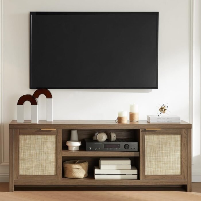 Hampstead TV Stand for Living Room, Modern Entertainment Center for 65 inch TV, 2 Rattan Doors Cabinet Media Console, TV Console Table with Soft Hinge Door and Handle (Special Walnut) - Image 6