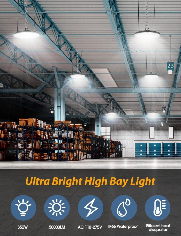 350W 4 Pack UFO LED High Bay Light, 50000LM Shop Lights, Industrial Lighting, 110-275V IP66 Waterproof for Workshop, Warehouse, Barn, Garage, Factory, Gym,6500K Daylight with US Plug - Image 4