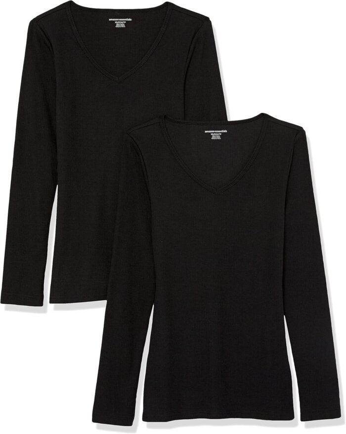 Amazon Essentials Women's Slim-Fit Layering Long Sleeve Knit Rib V-Neck (Available in Plus Size), Pack of 2