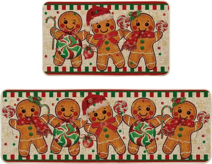 Artoid Mode Gingerbread Candy Cane Christmas Kitchen Mats Set of 2, Winter Home Decor Low-Profile Kitchen Rugs for Floor - 17x29 and 17x47 Inch