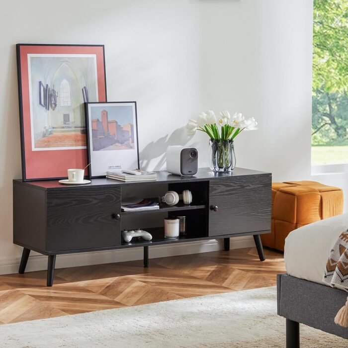 Sweetcrispy TV Stand for 55 60 inch TV, Modern Mid Century Entertainment Center with Storage, Media Console Table 2 Cabinet, Soft Hinge, Handle Door, Wooden Living Room, Office Furniture, Black - Image 2