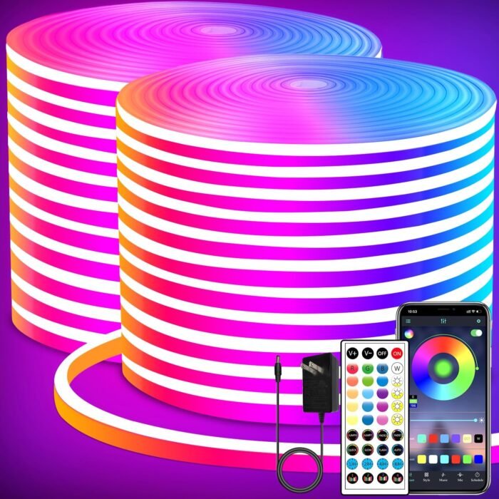LED neon Lights Strip 132FT,DC 24V RGB LED neon Light Strip APP Remote Controls Control Waterproof Flexible Neon LED Rope Lights for Bedroom,Playroom,Outdoors Decor（2 Rolls of 66ft