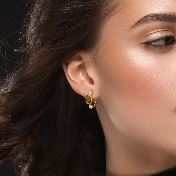 Tiger Eye Earrings for Women Gold Hoop Earrings Brown Gemstone Earrings Tiger Stone Earrings for Gift - Image 3