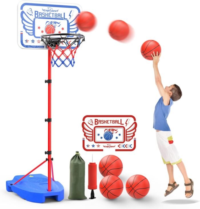 EagleStone Kids Basketball Hoop, Adjustable Toddler Basketball Hoop Toy for Kids Indoor Outdoor Mini Portable Basketball Goals, Sport Game Gifts for Age 3 4 5 6 7 8 9 Boys Girls