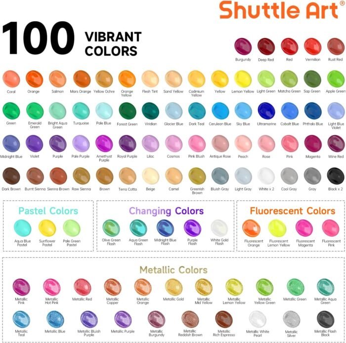 Shuttle Art 100 Colors Acrylic Paint, 2oz/60ml Bottles, Include 2 Sets of 12 Paint Brushes, 1 Art Sponge & Palette, Premium Acrylic Paint Set for Artists, Beginners & Kids on Canvas Rocks Wood Ceramic - Image 2
