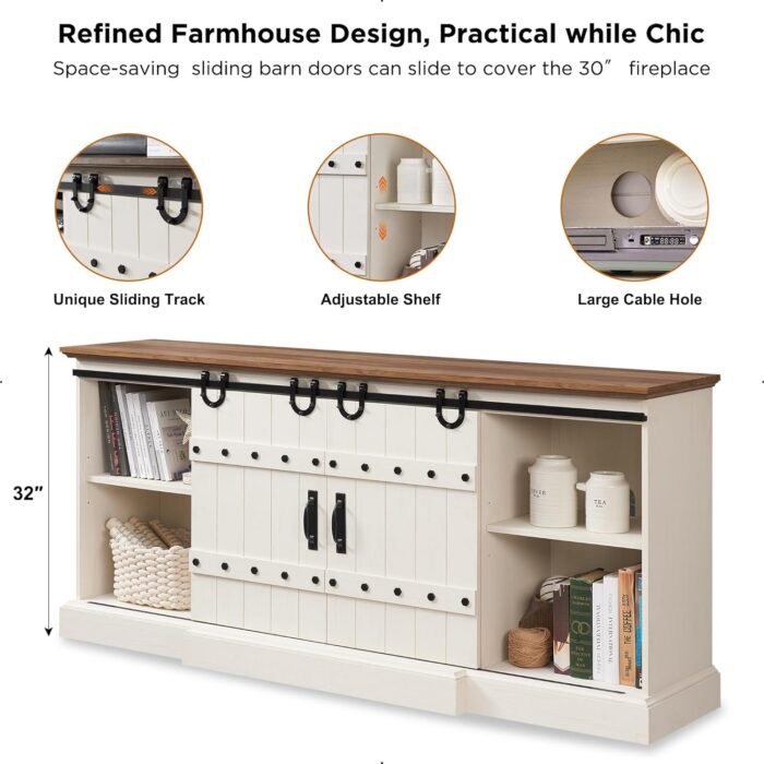 OKD 70" Fireplace TV Stand for 75+ 80 Inch TV, Farmhouse Highboy Entertainment Center with 30" Electric Fireplace & Sliding Barn Doors, Rustic Tall Media Console Cabinet for Living Room, Antique White - Image 4