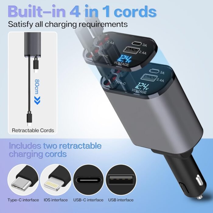 Retractable Car Charger with 100W, 4 in 1 Car Fast Charger for iPhone and Type C, Retractable Cables (31.5 inch) and 2 Charging Ports, Compatible with iPhone 15/14/13/12 Pro Max XR,iPad,Samsung,Pixel - Image 6
