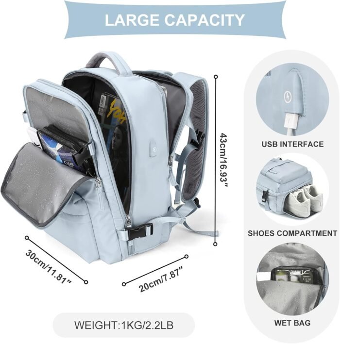 coowoz Travel Backpack For Women Men Airline Approved,Carry On Backpack,Large Hiking Backpack Waterproof Outdoor Sports Rucksack Casual Daypack Fit 15.6 Inch Laptop Backpack Blue College Backpack - Image 2