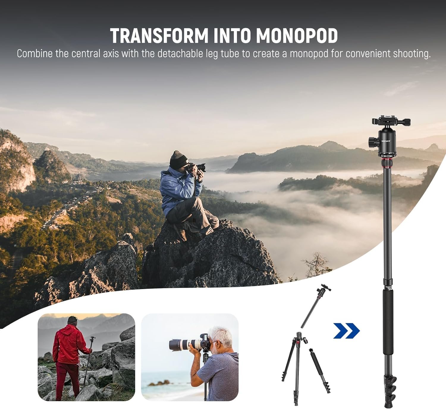 NEEWER 77 inch Camera Tripod Monopod for DSLR, Phone with 360° Panoramic Ball Head, 2 Axis Center Column, Arca Type QR Plate, Compact Aluminum Lightweight Travel Tripod 34lb Max Load, Bag Included - Image 6