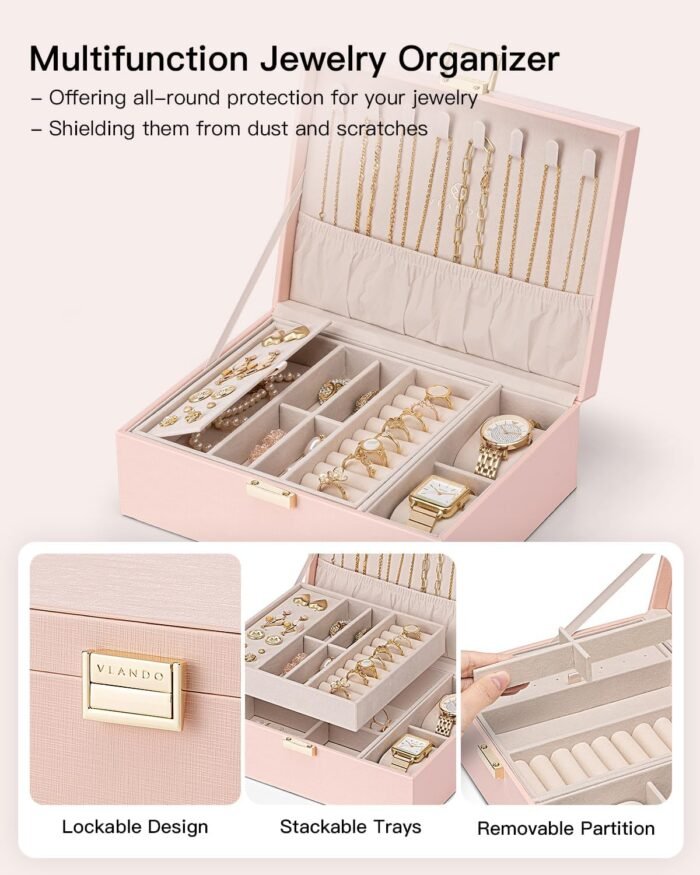 Vlando 2 Layer Jewelry Box Large Jewelry Organizer for Women Removable Jewelery Tray with Watch Pillow for Necklace Earrings Rings Bracelets Jewelry Boxes for Christmas Gifts Mother's Day Gifts (Pink) - Image 5