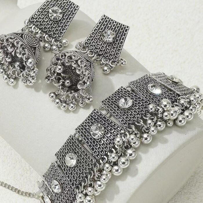 Boho Antique Silver Jewellery Sets for Brides Bridesmaid Cubic Zirconia Crystal Statement Choker Necklace Earrings Jhumki Accessories for Women Indian Ethnic Wedding Wear Bollywood Party Dancing - Image 6