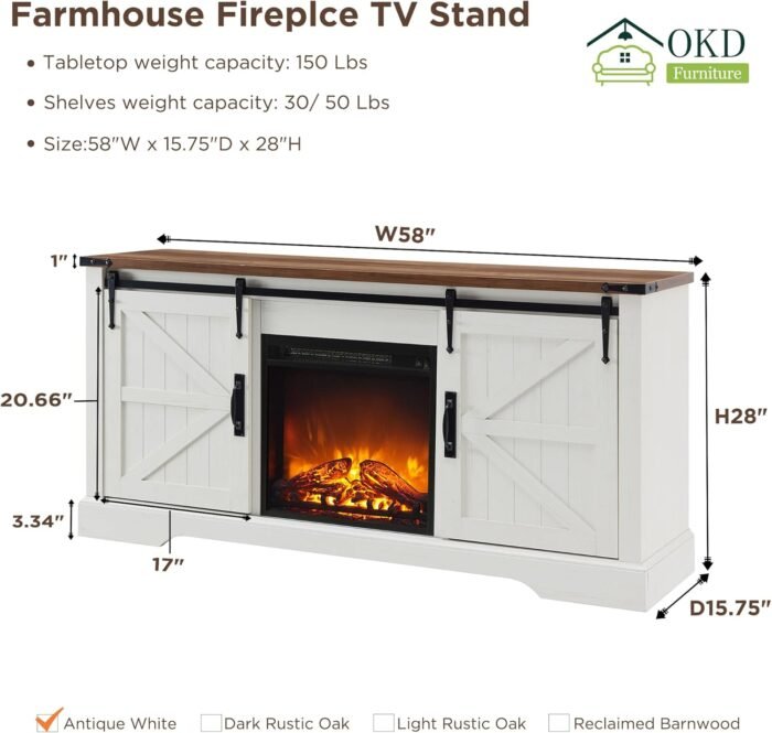 OKD Farmhouse Electric TV Stand for 65+ Inch TV, Rustic Entertainment Center with 18" Fireplace, Sliding Barn Door, Storage Shelves, Wood Media Console Cabinet for Living Room, Antique White - Image 7