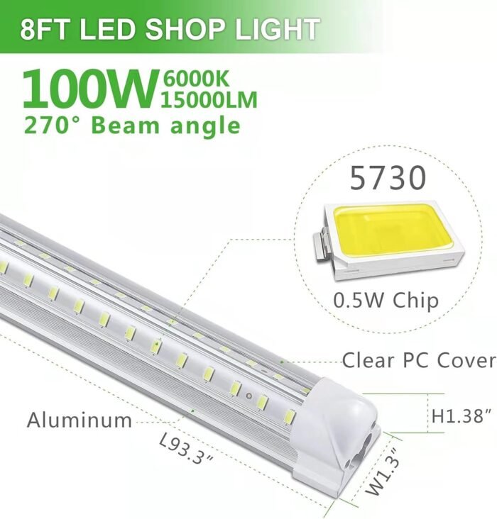 8Pack 8FT LED Shop Light Garage Light,100W 6000K White Light 15000LM Super Bright,Hanging/Surface Mount,Linkable T8 LED Tube Lights for Garage,Warehouse, Workshop,Plug and Play - Image 2