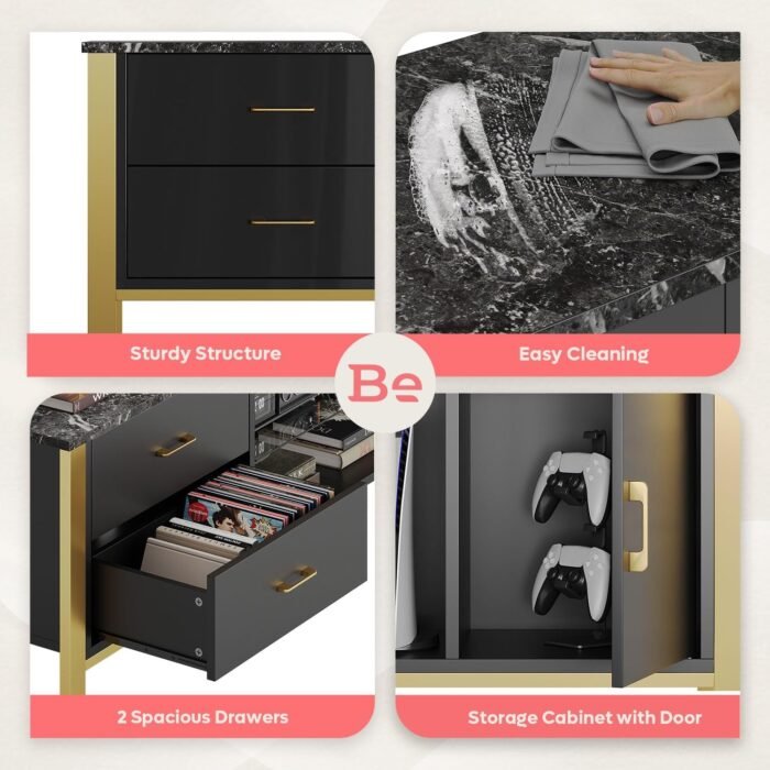 Bestier TV Stand for 75/80/85/90 Inch TV, LED Gaming Entertainment Center, Modern TV Cabinet with Glass Shelves for Living Room, 2 Storage Drawers & Cabinets for Bedroom, Black Glossy - Image 4