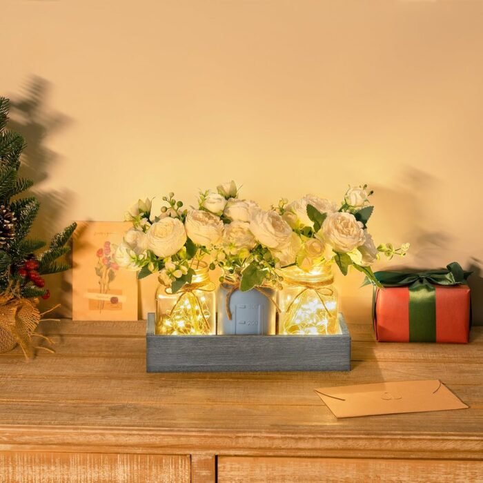 Mkono Mason Jar Lights Centerpiece Table Decorations for Dining Room Farmhouse Coffee Table Decor Tray with 3 Jars Flowers Christmas Centerpieces Decor for Kitchen Living Dining Room, Grey Blue - Image 2