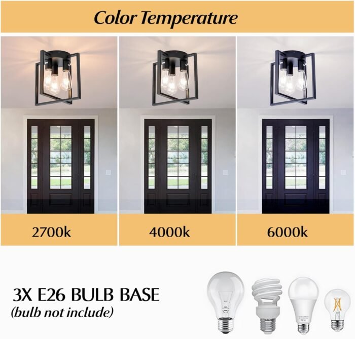 3-Light Ceiling Light Fixture, Semi-Flush Mount Light with Contemporary Geometric Metal Cage, Farmhouse Industrial Lighting for Kitchen Living Room Bedroom Hallway Foyer, E26 Black - Image 4