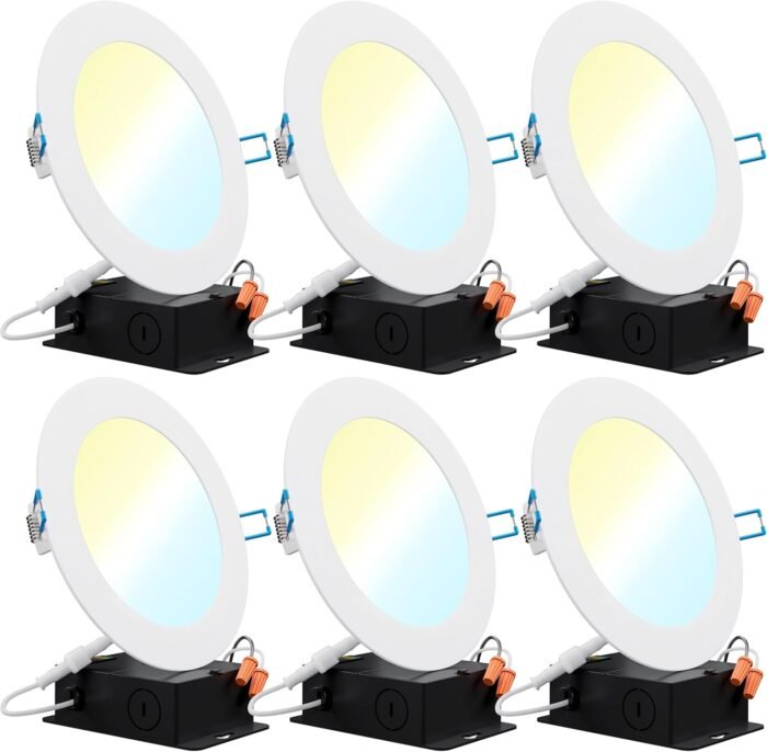 Sunco 6 Pack 6 Inch Slim LED Recessed Ceiling Lights, Selectable CCT 2700K, 3000K, 4000K, 5000K, 6000K, Dimmable, 14W, Canless with Junction Box