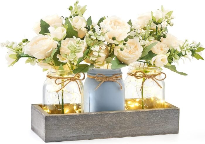 Mkono Mason Jar Lights Centerpiece Table Decorations for Dining Room Farmhouse Coffee Table Decor Tray with 3 Jars Flowers Christmas Centerpieces Decor for Kitchen Living Dining Room, Grey Blue - Image 7