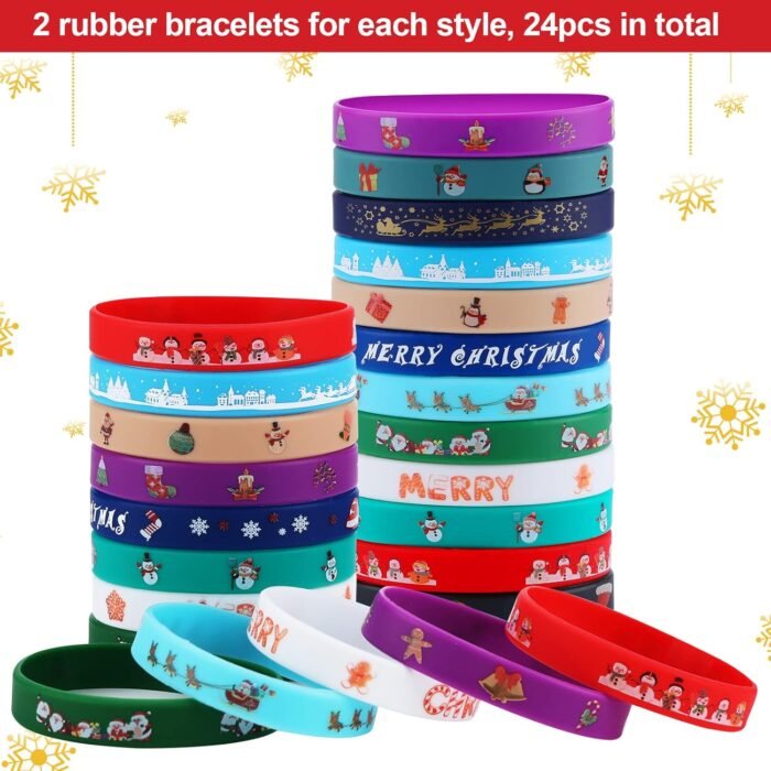 48Pcs Christmas Party Favors Slap Bracelets Rubber Wristbands for Kids Girls Boys，Christmas Stocking Stuffers Gifts with Santa hats Snowmen Elk Xmas Socks - Image 3