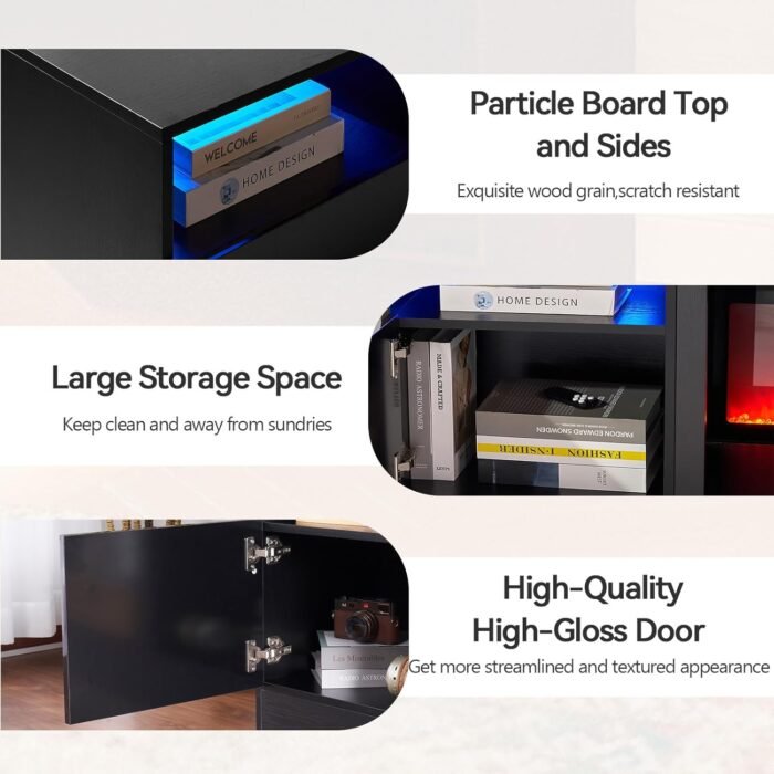 oneinmil Fireplace TV Stand with 36" Electric Fireplace, LED Light Entertainment Center, Modern Wood Texture Entertainment Stand with Highlight Storage Cabinet for TVs Up to 80", 70 inches, Black - Image 9
