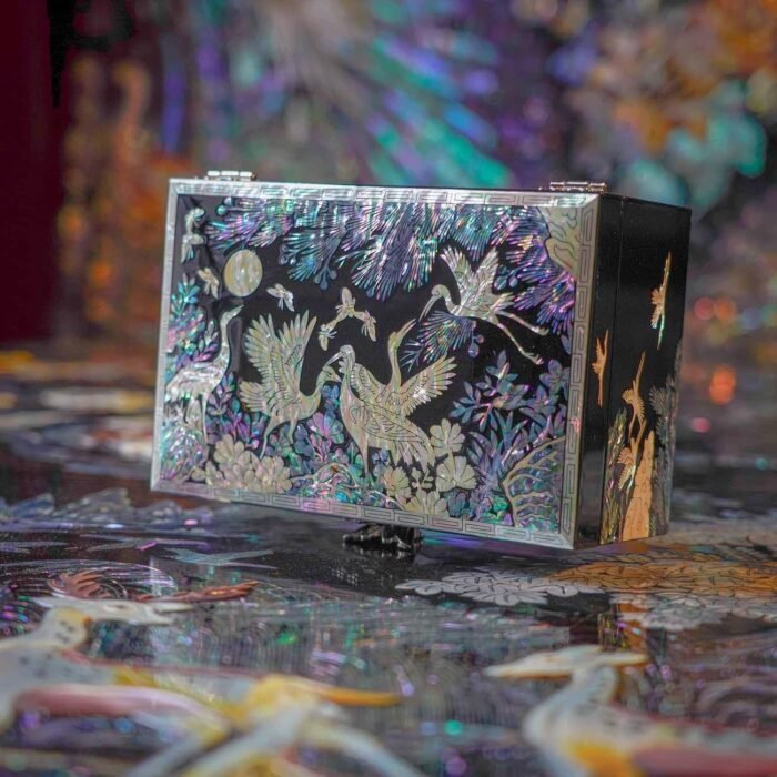 February Mountain Mother of Pearl Jewelry Box – Traditional Korean Design with Cranes and Pine Trees | Handcrafted Wooden Box, Velvet-Lined Interior for Rings, Earrings & Necklaces | Gifts for Women - Image 2