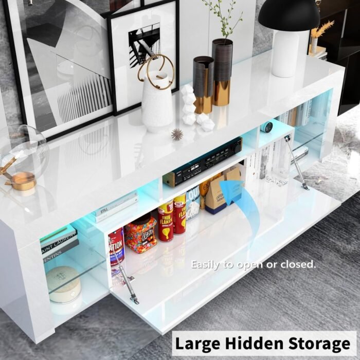 Gitua Floating TV Stand Wall Mounted, High Gloss LED Entertainment Center with Storage and Adjustable Glass Shelf, TV Stand for 65 Inch TV, Gaming Media Center Console Table with Lights, White - Image 4