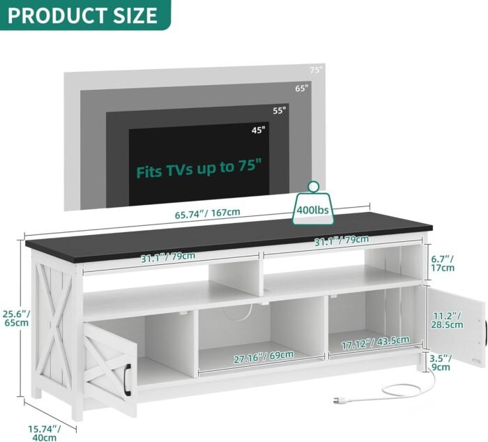 YITAHOME Farmhouse TV Stand for 75 65 Inch TV w/Power Outlets, LED Media Console with Storage Cabinets, Rustic Entertainment Center Table TV Cabinet for Living Room, 65'' Large TV Stand, Black/White - Image 3
