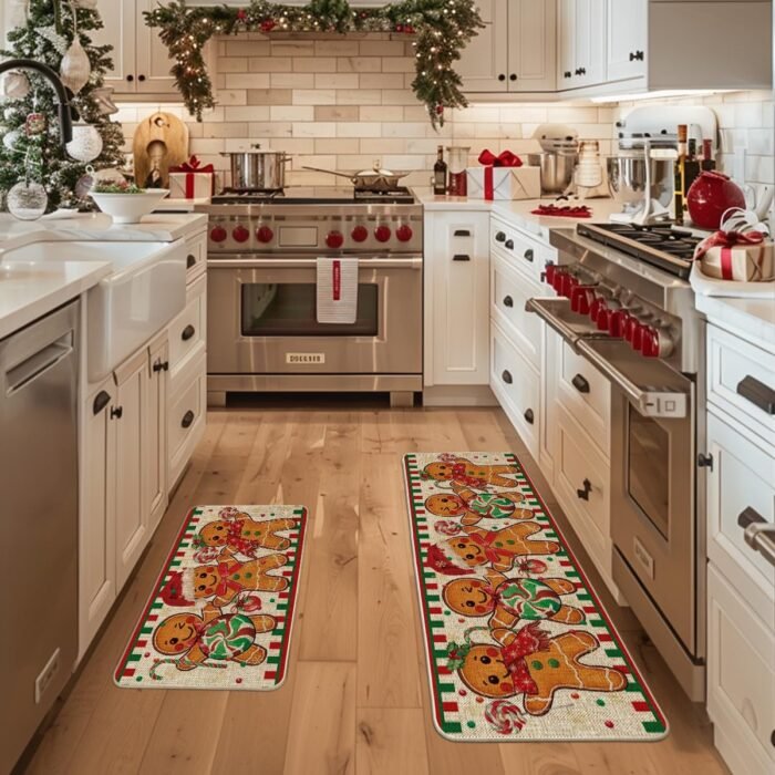 Artoid Mode Gingerbread Candy Cane Christmas Kitchen Mats Set of 2, Winter Home Decor Low-Profile Kitchen Rugs for Floor - 17x29 and 17x47 Inch - Image 2